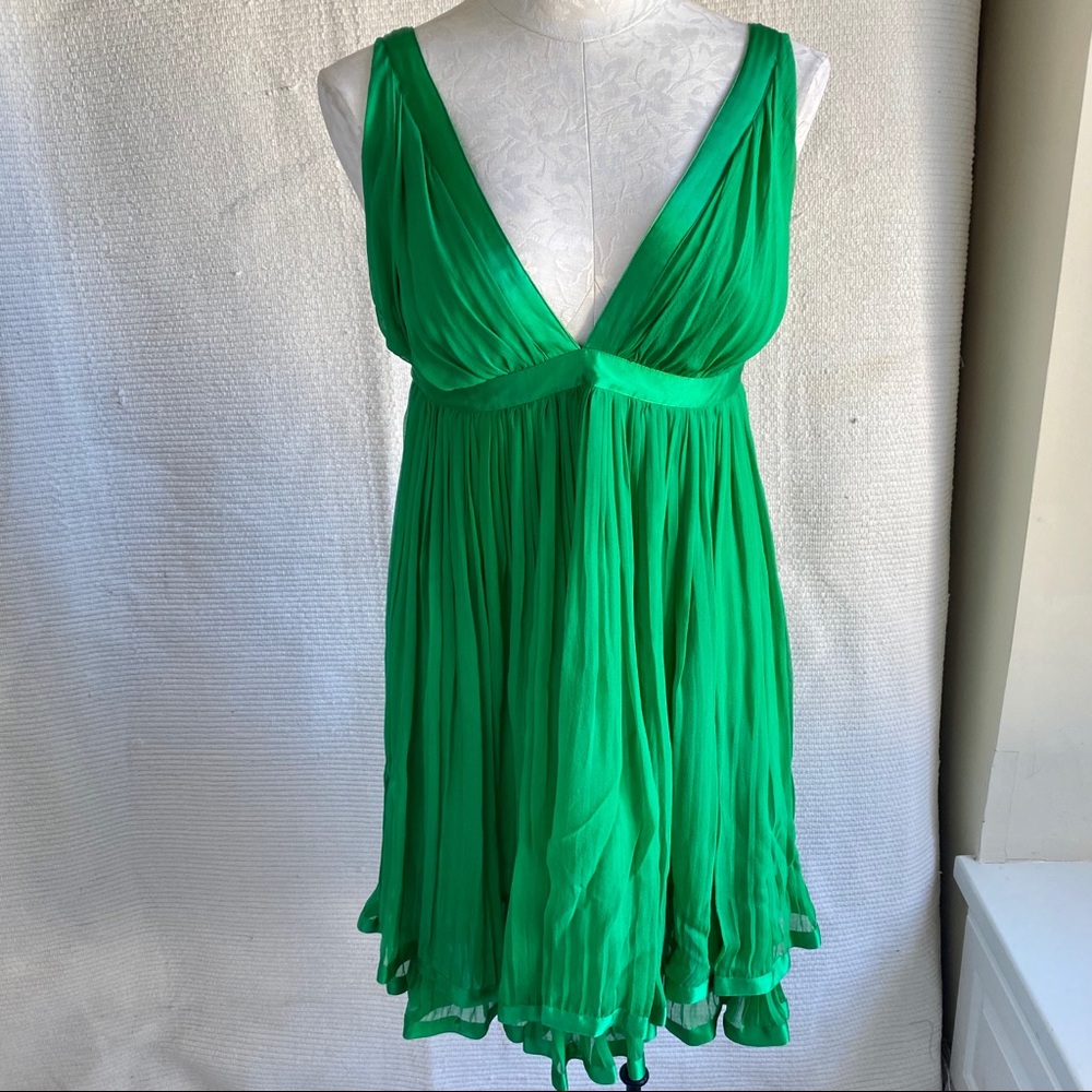 Foley Party Babydoll Silk Pleated Dress Green